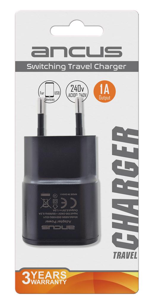Φορτιστής Ταξιδίου Ancus Usb 1000 mAh Switching 5V Μαύρος
