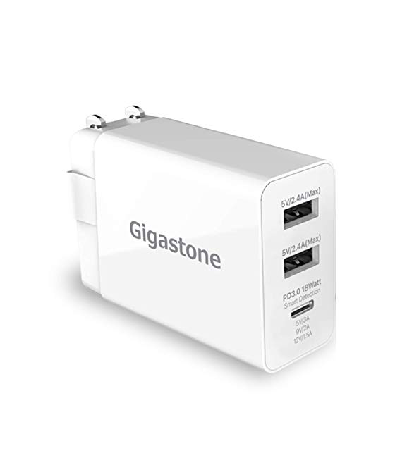Φορτιστής Ταξιδίου Gigastone PD-6300W Super Fast Charging, Multi Charger με 2 Εξόδους USB και 1 Type-C 5V/2.4A x 2 30Watt για MacBook, PC Notebook, iOS & Android Άσπρος