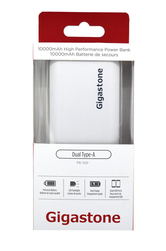Power Bank Gigastone P6-100 10000mAh με Διπλή USB Έξοδο, με LED Ενδείξεις και Φακό. Άσπρο