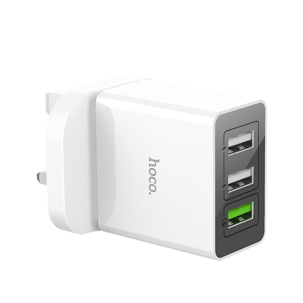 Φορτιστής Ταξιδίου Hoco C48 Breakthrough Triple USB Fast Charging QC3.0 30W Λευκός για πρίζα UK