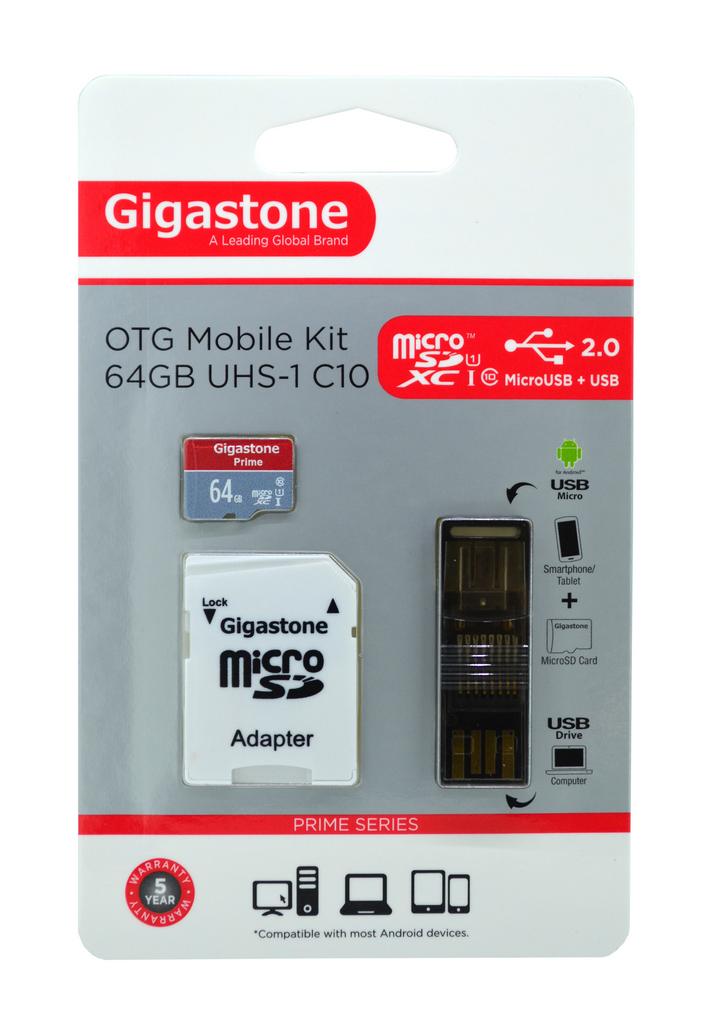 Κάρτα Μνήμης Gigastone MicroSDXC 64GB UHS-1 Class 10 Professional Series με SD Αντάπτορα + OTG Gigastone για Κάρτες Μνήμης Micro SD U102