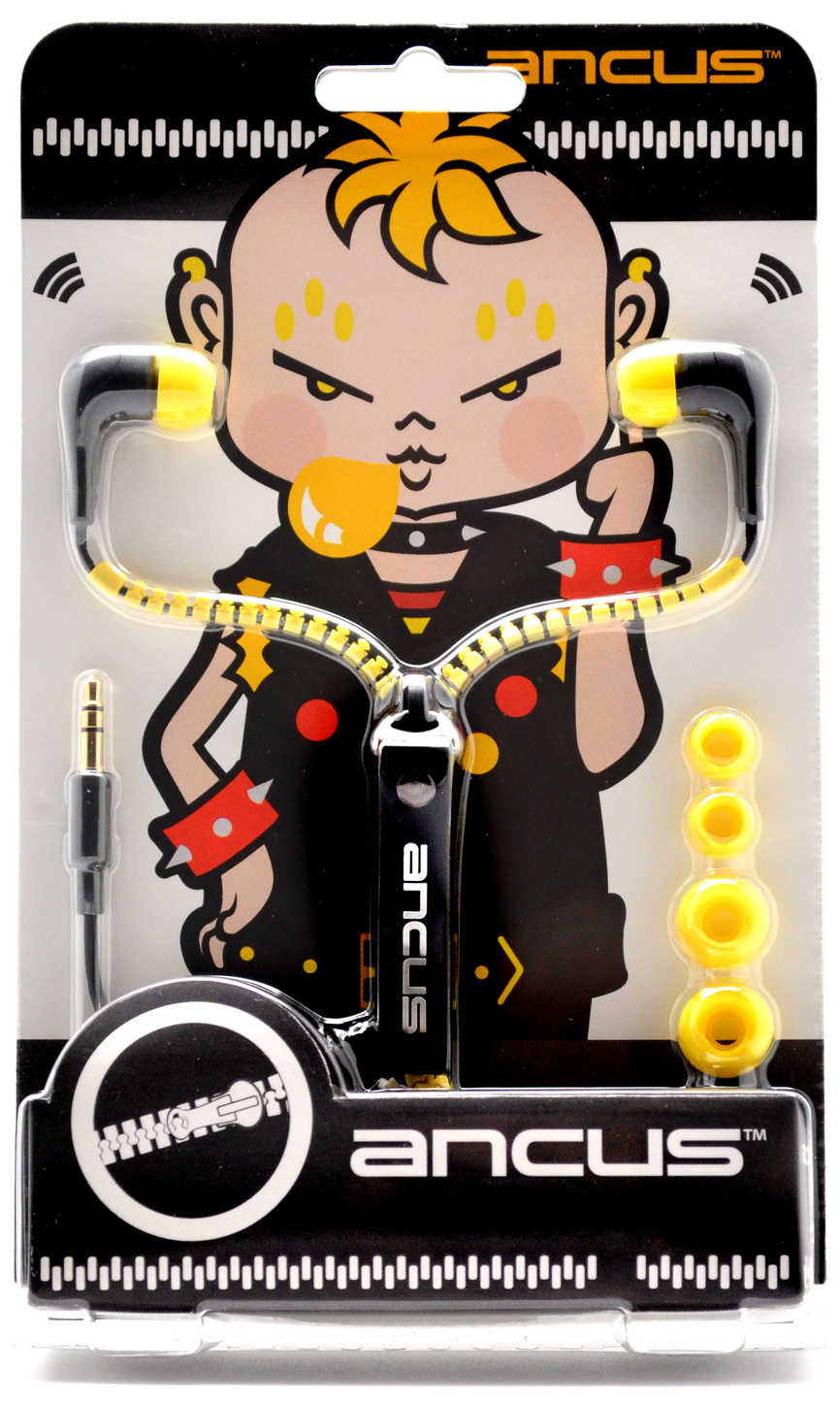 Hands Free Ancus in-Earbud Stereo 3.5 mm για Apple-Samsung-HTC-LG Μαύρο - Κίτρινο με Καλώδιο Φερμουάρ χωρίς Μικρόφωνο