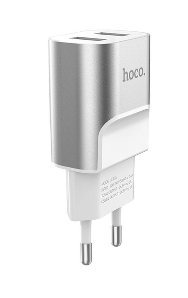Φορτιστής Ταξιδίου Hoco C47A Metal Dual USB Fast Charging 5V/2.1A Ασημί