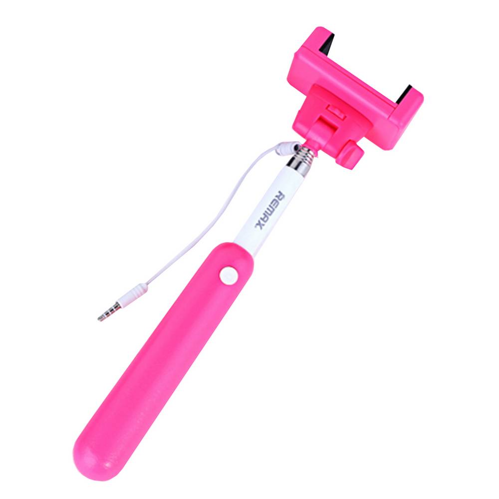 Selfie Stick Remax Πτυσσόμενο Ρόζ με Καλώδιο Jack 3.5mm (Μήκος Κονταριού 23cm, Μήκος Ανοίγματος 90cm)