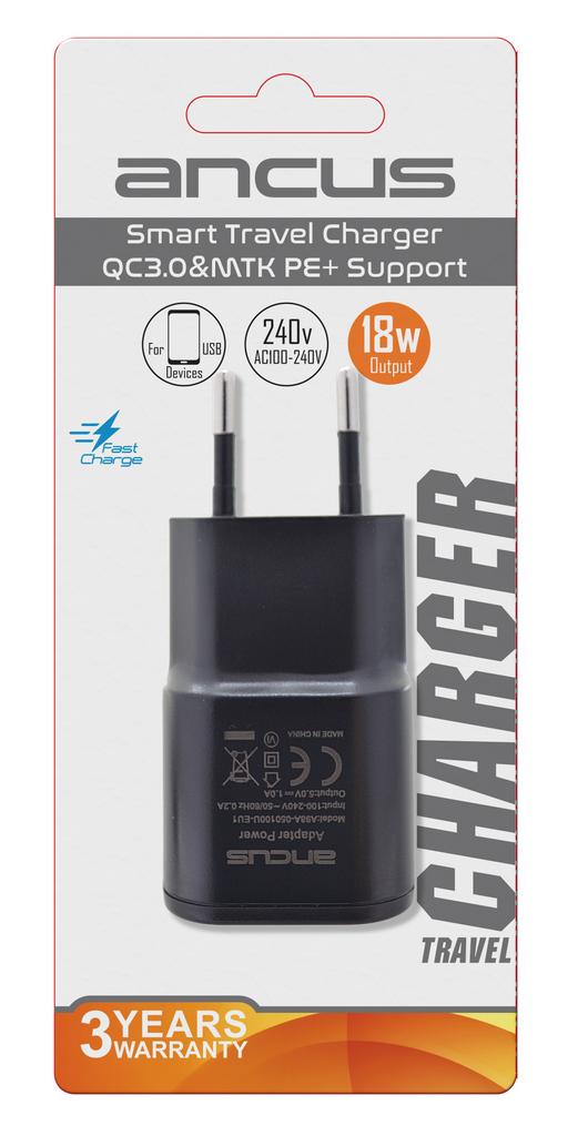 Ταχυφορτιστής Ταξιδίου Ancus Usb 5V/3A , 9V/2A , 12V/1.5A Smart Quick Switching 18W Μαύρος