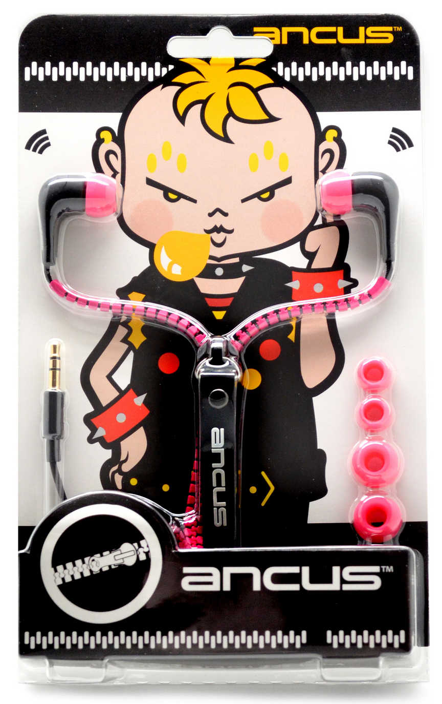 Hands Free Ancus in-Earbud Stereo 3.5 mm για Apple-Samsung-HTC-LG Μαύρο - Ρόζ με Καλώδιο Φερμουάρ χωρίς Μικρόφωνο