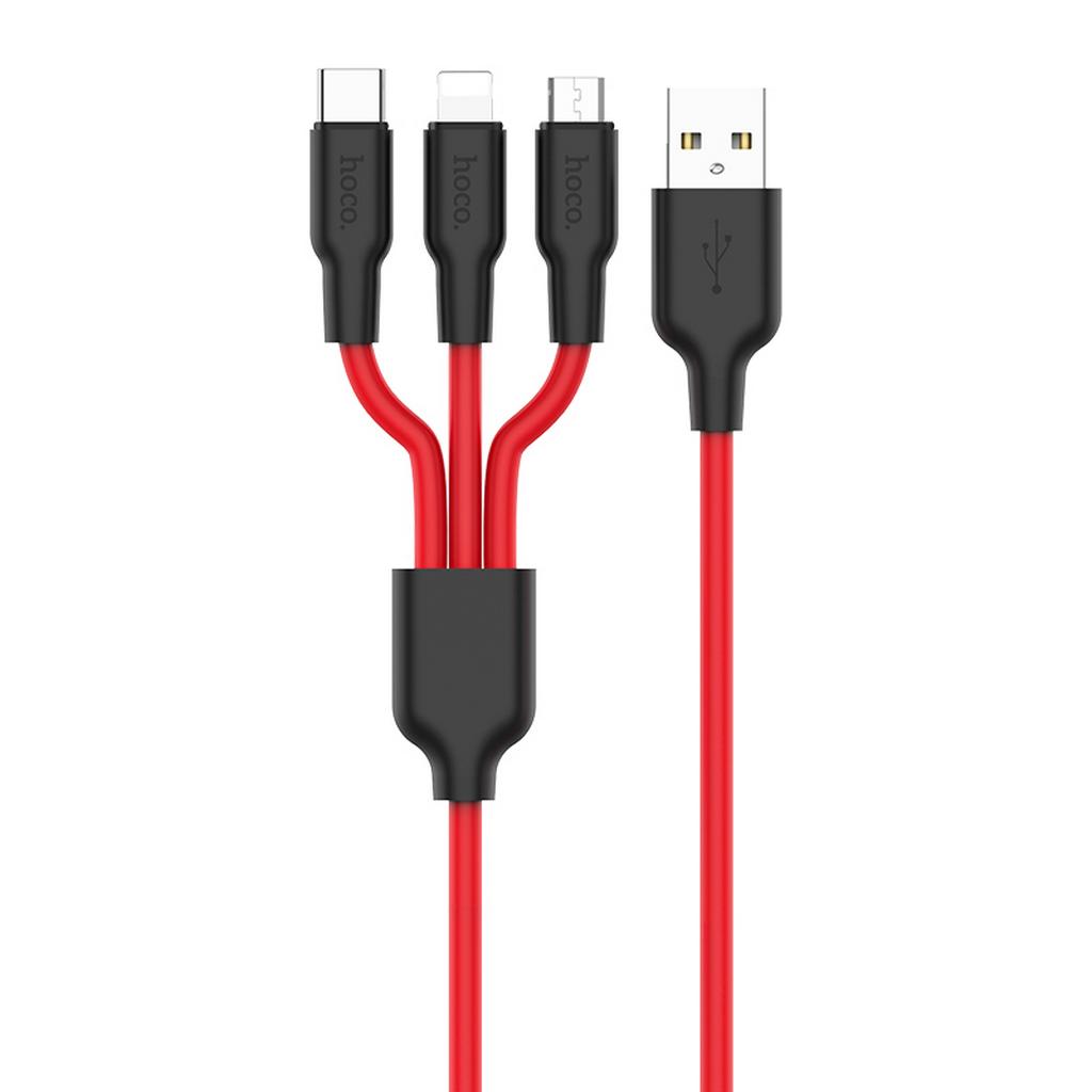 Καλώδιο σύνδεσης Hoco X21 Silicone 3 σε 1 Fast Charging USB σε Micro-USB, Lightning, Type-C 2A Μαύρο - Κόκκινο 1.2m