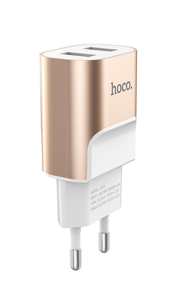 Φορτιστής Ταξιδίου Hoco C47A Metal Dual USB Fast Charging 5V/2.1A Χρυσαφί