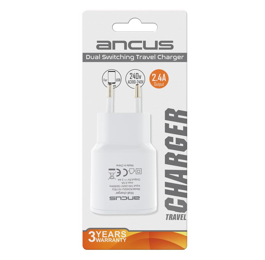 Φορτιστής Ταξιδίου Ancus Dual Usb 2400 mAh Switching 5V Λευκός