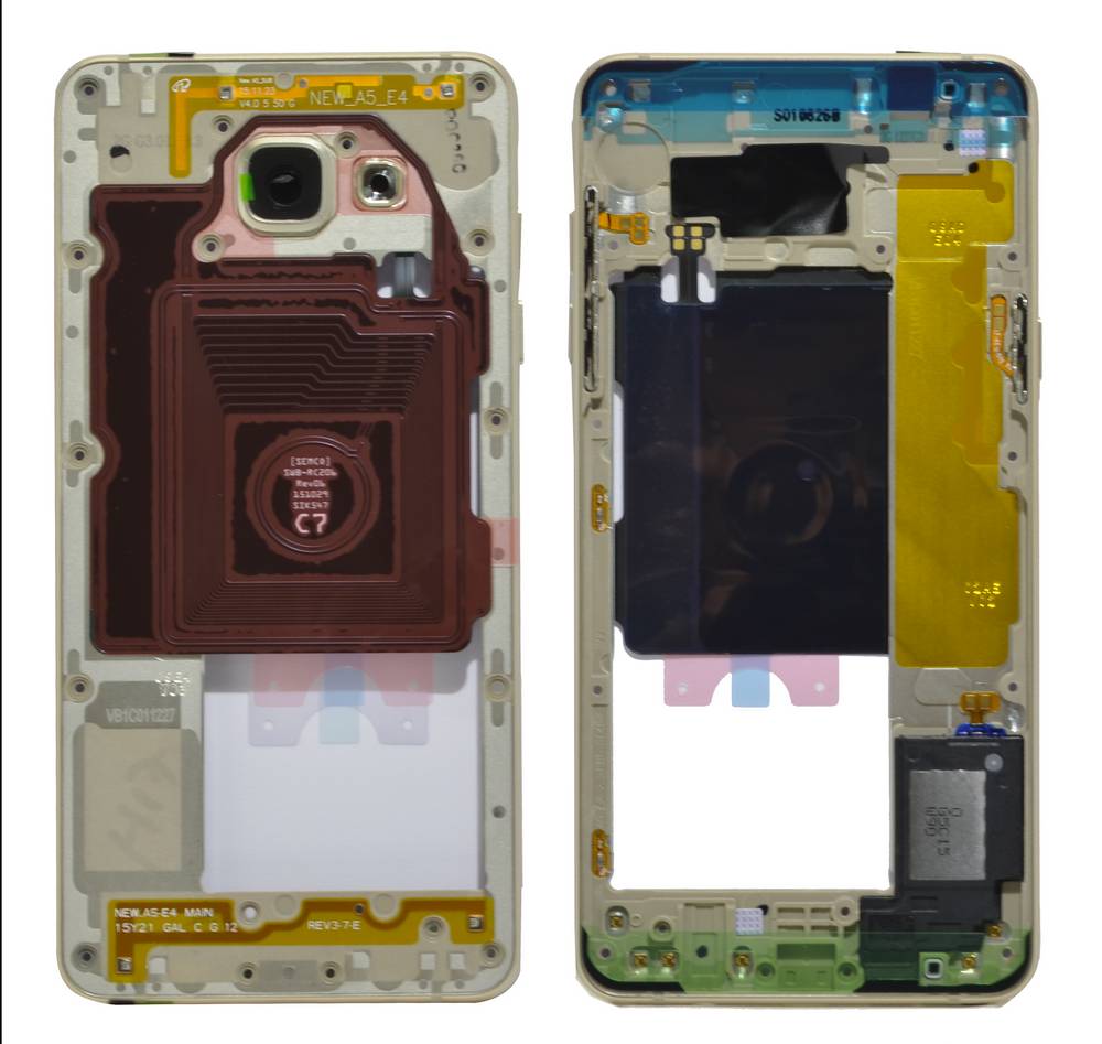 Μεσαίο Πλαίσιο Samsung SM-A510F Galaxy A5 (2016) με Buzzer και Πλήτρα On/Off, Έντασης Χρυσαφί Original GH96-09392A