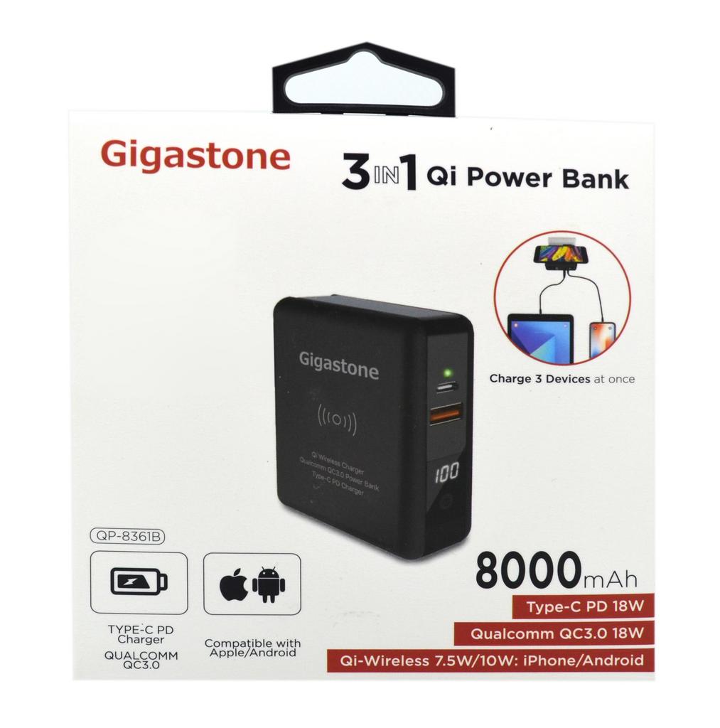 Φορτιστής - Power Bank - Qi-Wireless Charging Gigastone QP-8361B 8000mAh 3 σε 1, με Έξοδο USB, Type-C, LCD Ενδείξεις 18W για MacBook, PC Notebook, iOS & Android. Μαύρο