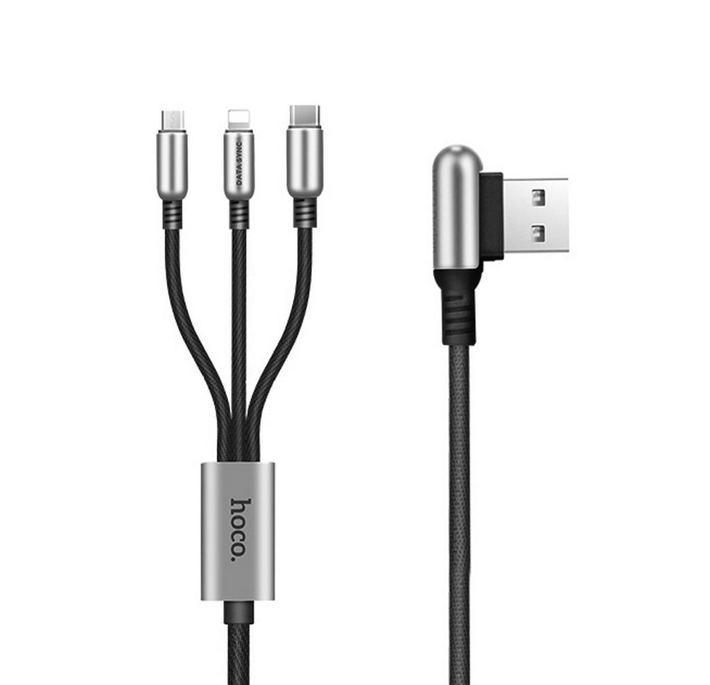 Καλώδιο σύνδεσης Hoco U17 Capsule 3 σε 1 USB σε Micro-USB, Lightning, Type-C Fast Charging 2.4A Μαύρο 1,5μ.