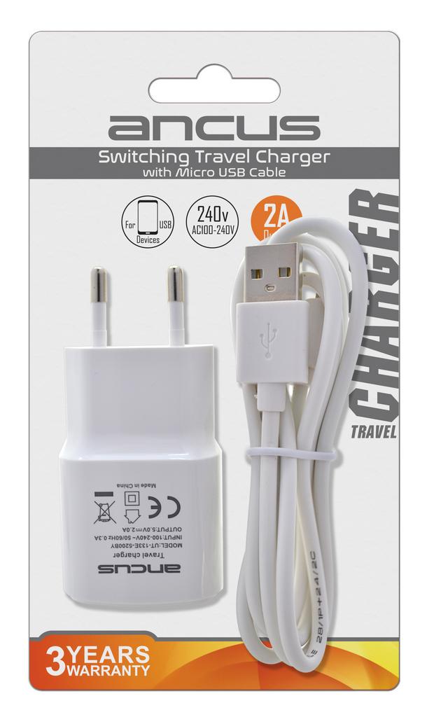 Φορτιστής Ταξιδίου Ancus Usb 2000 mAh Switching 5V με Αποσπώμενο Καλώδιο Micro USB 1m Λευκός