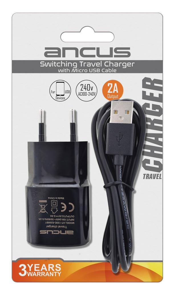 Φορτιστής Ταξιδίου Ancus Usb 2000 mAh Switching 5V με Αποσπώμενο Καλώδιο Micro USB 1m Μαύρος