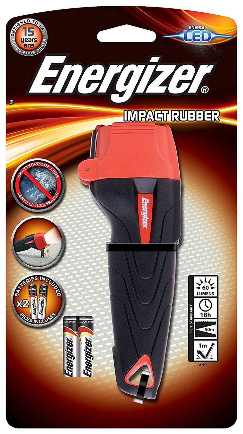 Φακός Energizer Impact Rubber 1 Led 60 Lumens με Μπαταρίες AAA 2 Τεμ. Μαύρο