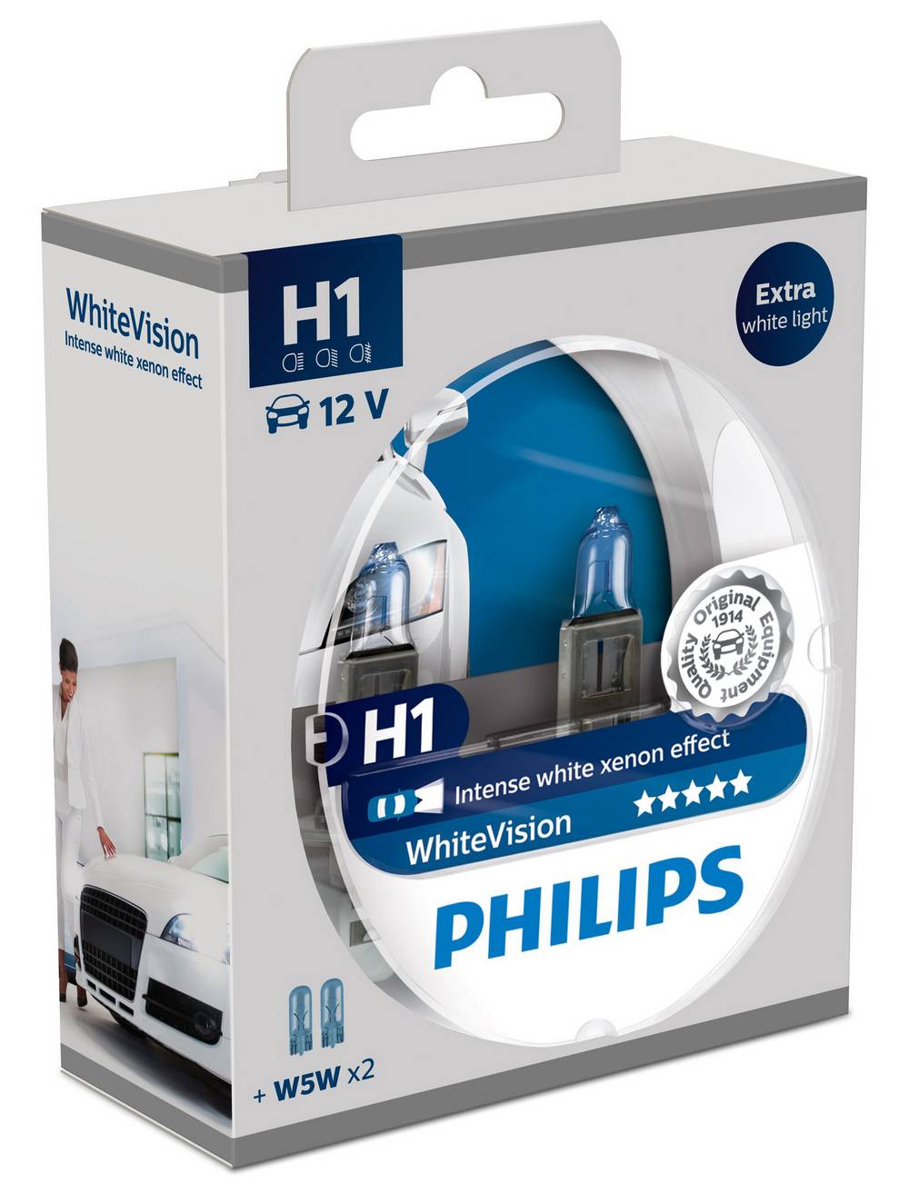Λάμπα Philips H1 WhiteVision 12V, 55W, +60% Περισσότερος Φωτισμός + W5W x 2  Σετ 2 Τεμαχίων