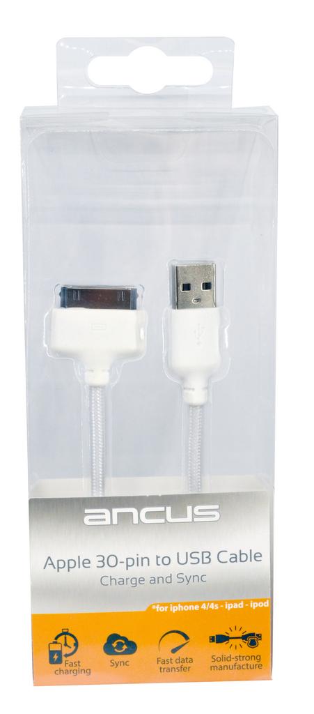 Καλώδιο σύνδεσης Κορδόνι Ancus USB σε 30 pin με Ενισχυμένες Επαφές για Apple iPhone 4/4S Λευκό (Συμβατό με όλες τις Αναβαθμίσεις iOS)