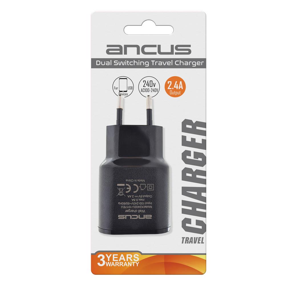 Φορτιστής Ταξιδίου Ancus Dual Usb 2400 mAh Switching 5V Μαύρος