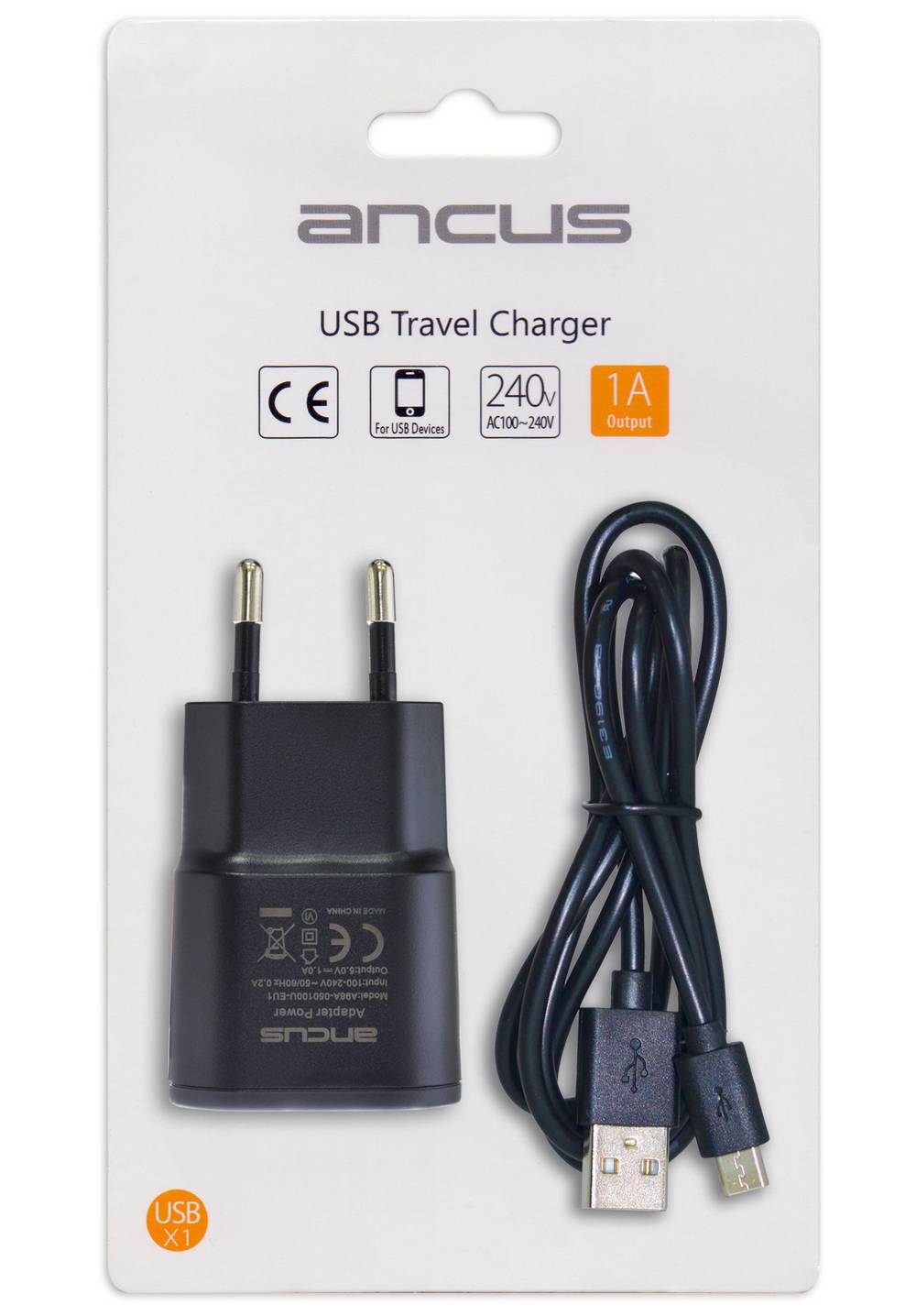 Φορτιστής Ταξιδίου Ancus Usb 1000 mAh Switching 5V με Αποσπώμενο Καλώδιο Micro USB 1m Μαύρος