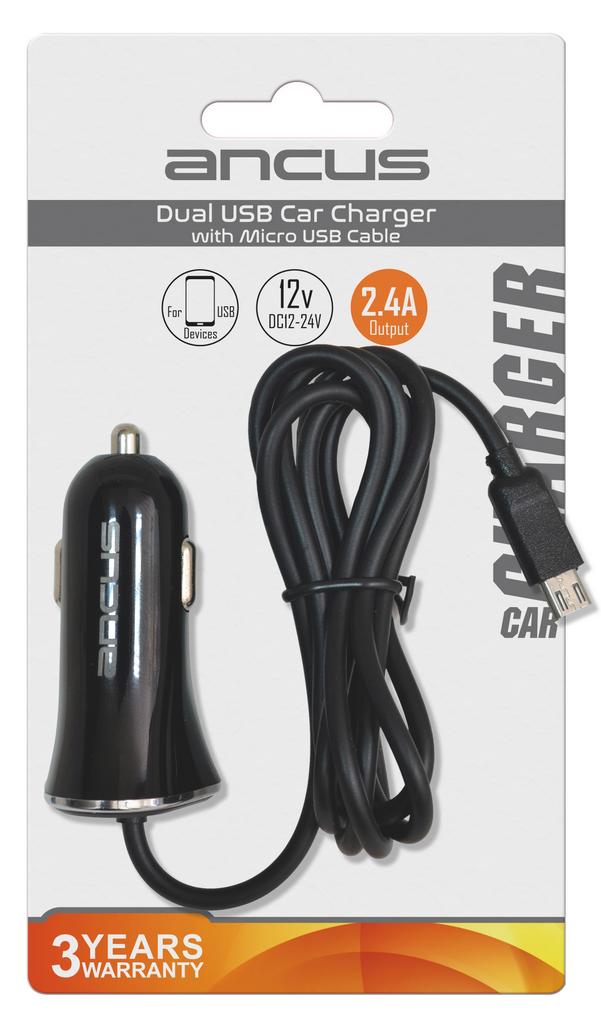 Φορτιστής Αυτοκινήτου Ancus USB 2400 mAh 5V 12W με Καλώδιο Micro USB και Έξτρα Έξοδο USB με Είσοδο 12/24V